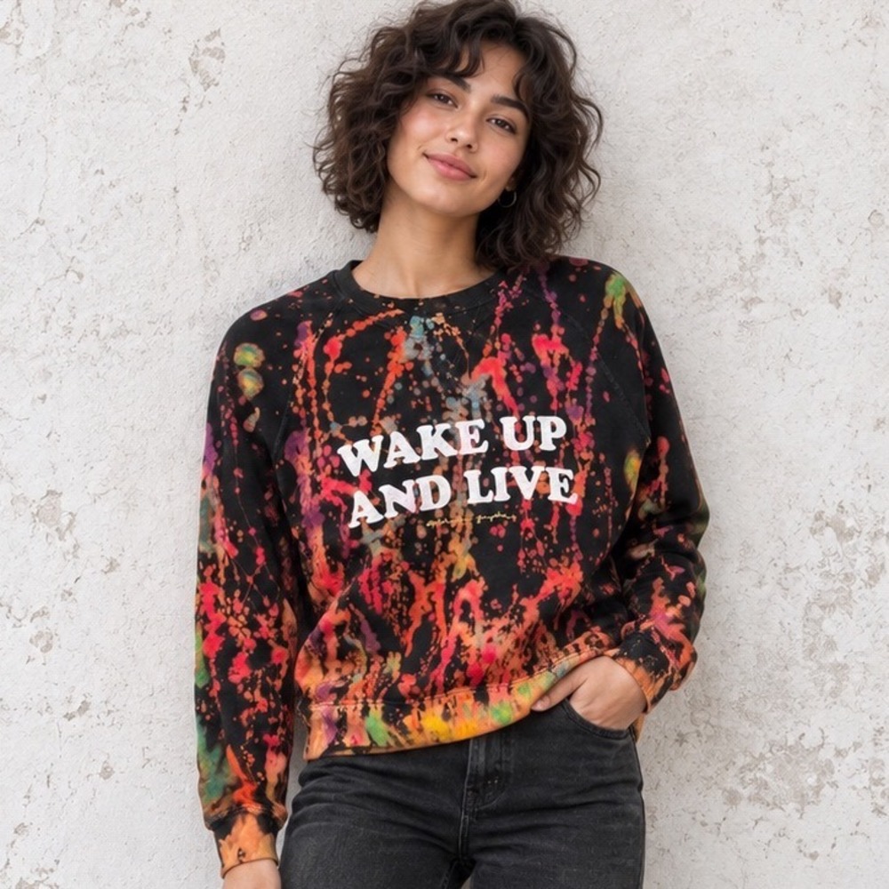 Spiritual Gangster Sweatshirt XS Wake Up And Live Neon Bleach Splatter Tie Dye